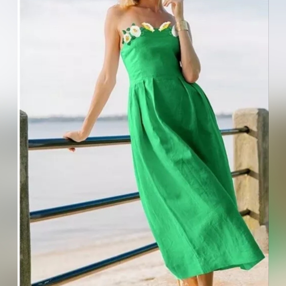 Fanm Mon midi dress S kelly green 100%linen Full Bloom Lorr long floral new $359